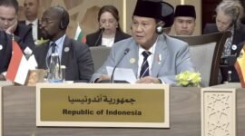 Menteri Pertahanan Prabowo Subianto dalam acara konferensi tingkat tinggi (KTT) “Call for Action: Urgent Humanitarian Response for Gaza” di Yordania. (Dok. Tim Media Prabowo Subianto)
